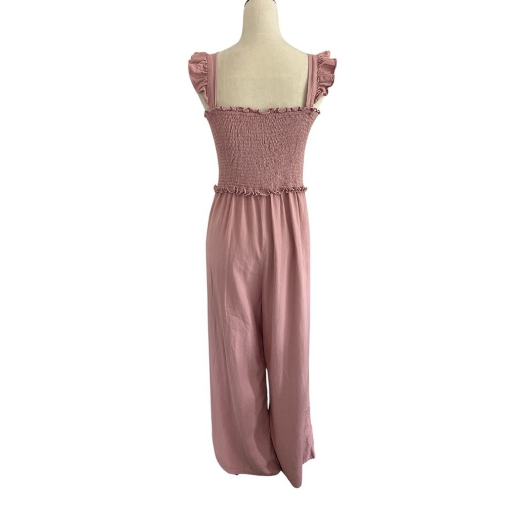 Love Tree Jumpsuit Womens Large Pink Linen Blend Smocked Bodice Boho Cottagecore - Picture 2 of 12